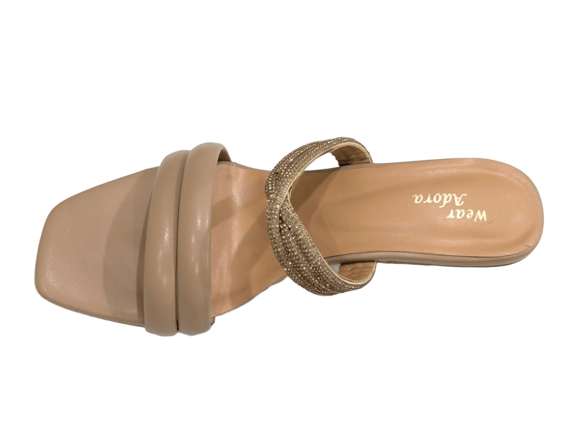 Beige Block Heel Embellished Slides 3