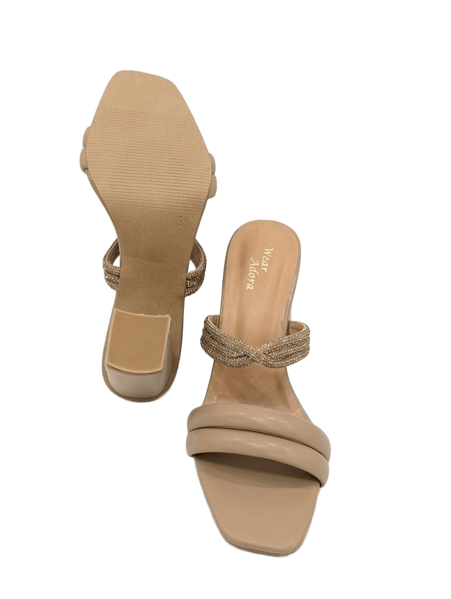 Beige Block Heel Embellished Slides 4