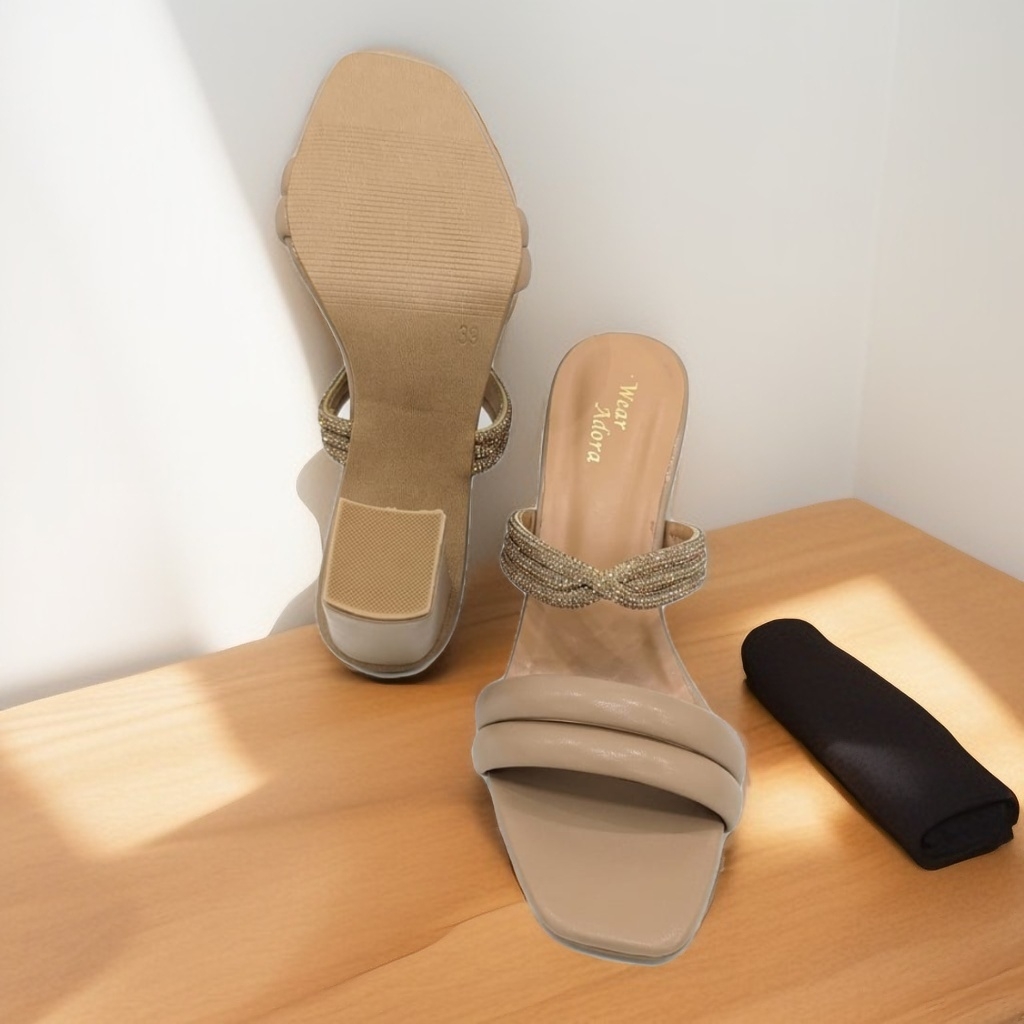 Beige Block Heel Embellished Slides 2