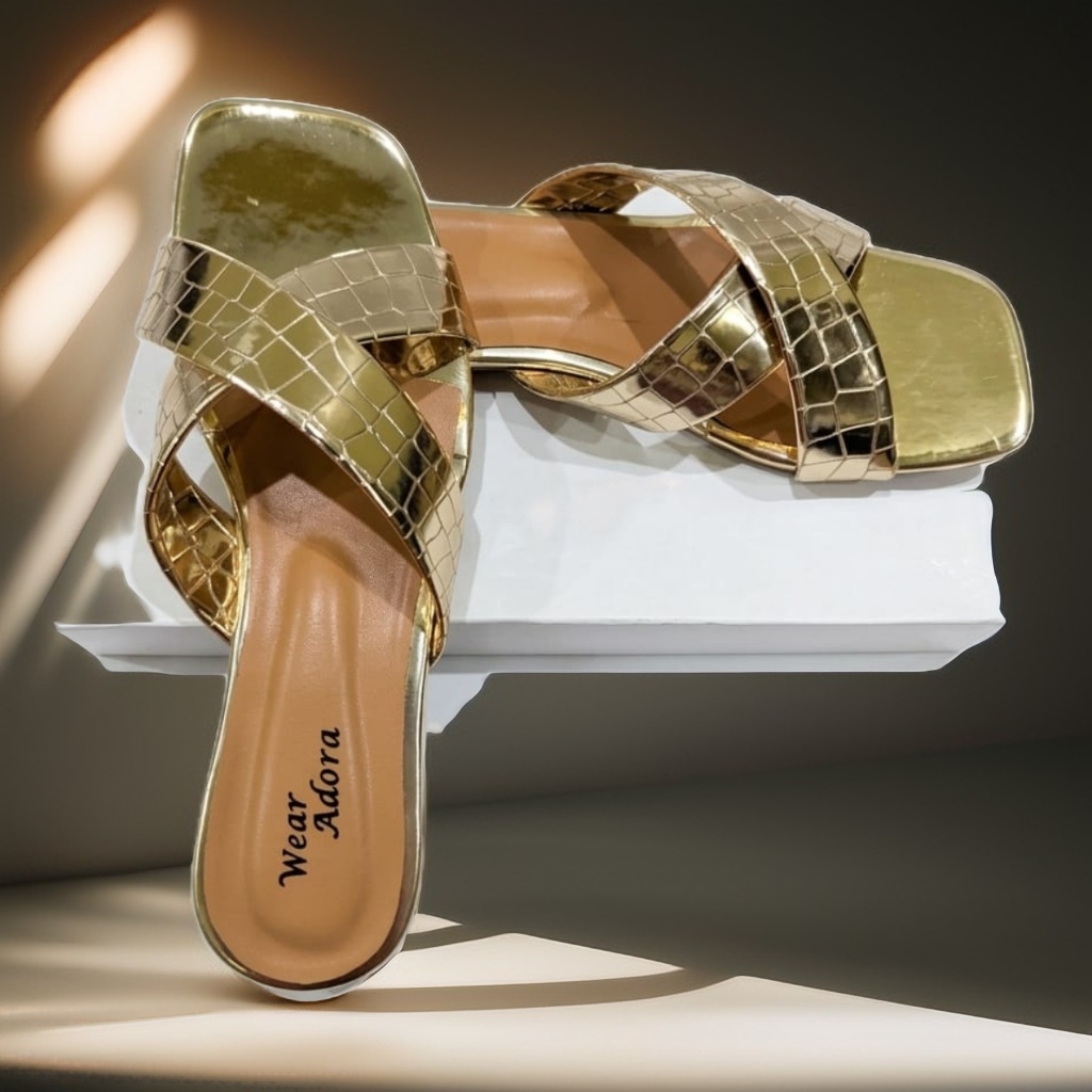 Luxury Gold Croc-Textured Slides 1