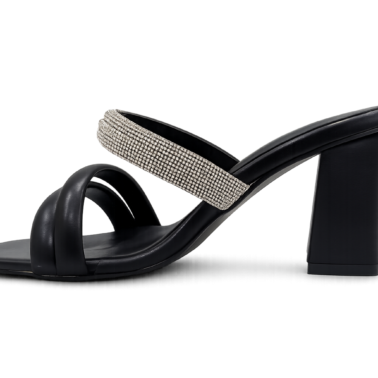 Black Block Heel Embellished Slides
