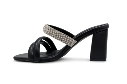 Black Block Heel Embellished Slides