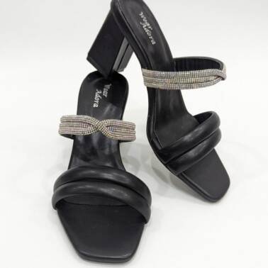 Black Block Heel Embellished Slides