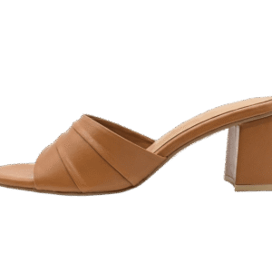 Tan Triple‑Strap Block Heel Slides