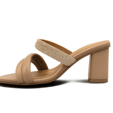 Beige Block Heel Embellished Slides